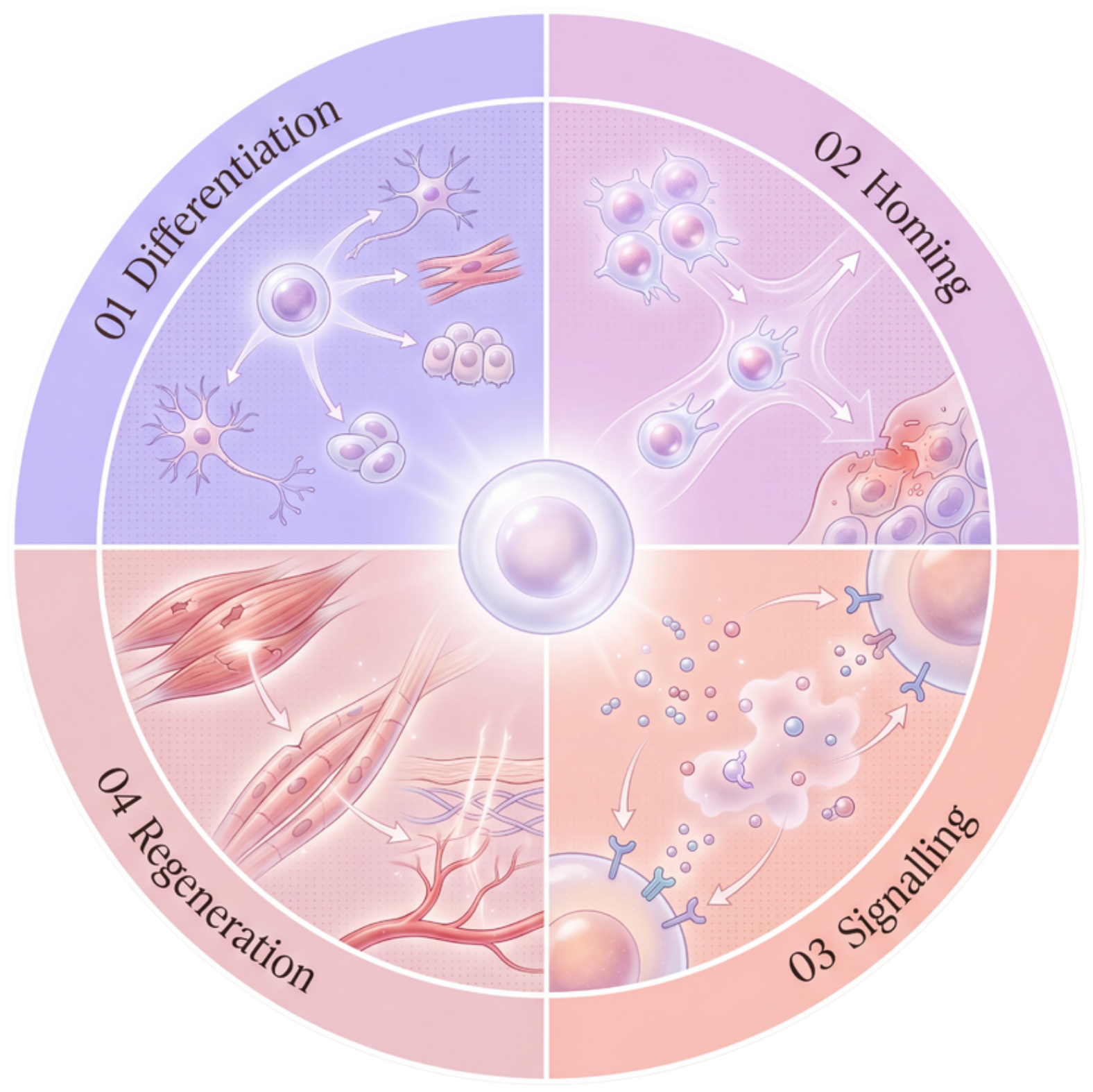 Four mechanics of stem cells: Differentiation, Homing, Signalling, Regeneration