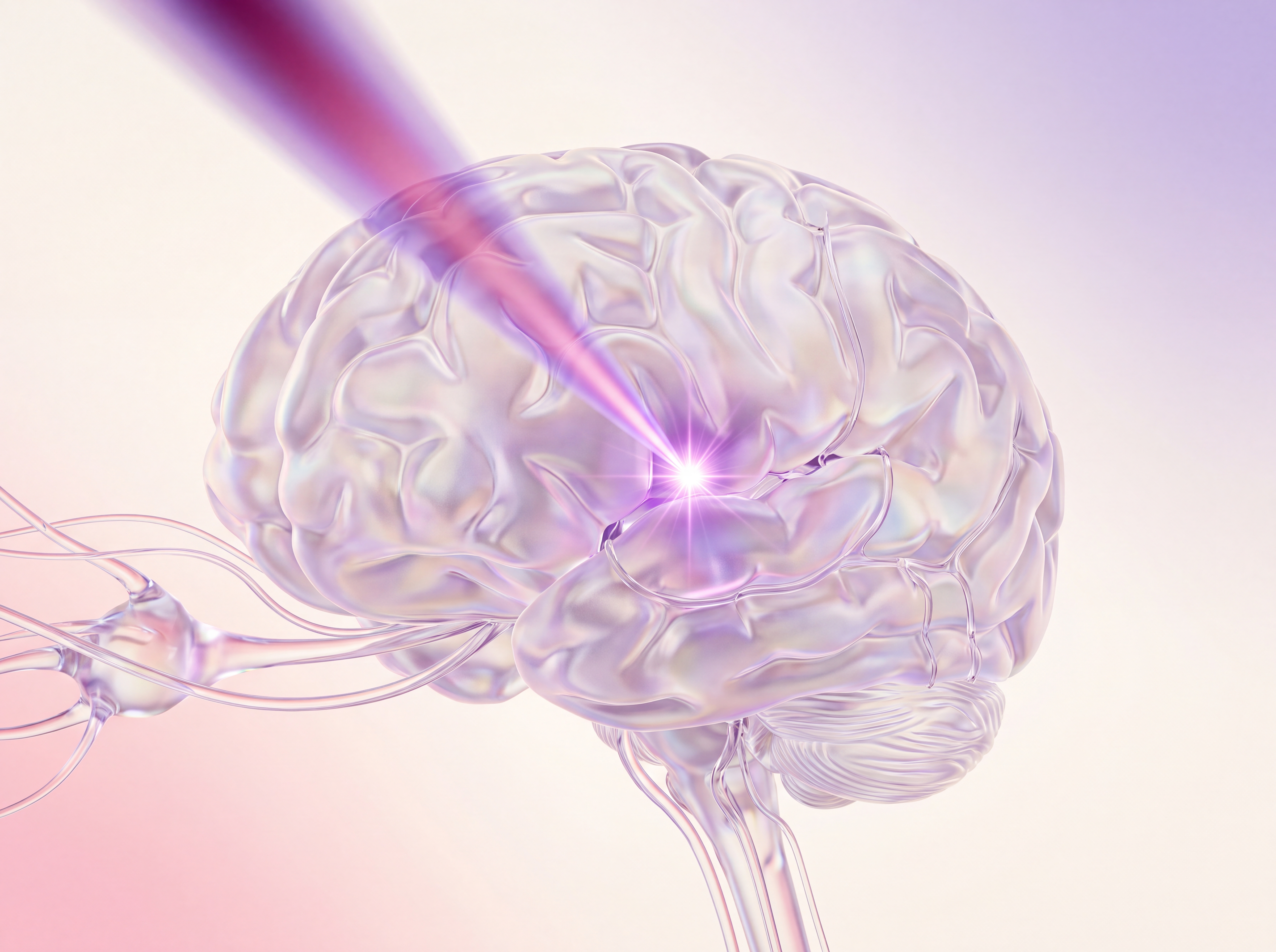 Soft translucent illustration of a precise beam converging at a single point, representing precision for complex tumours