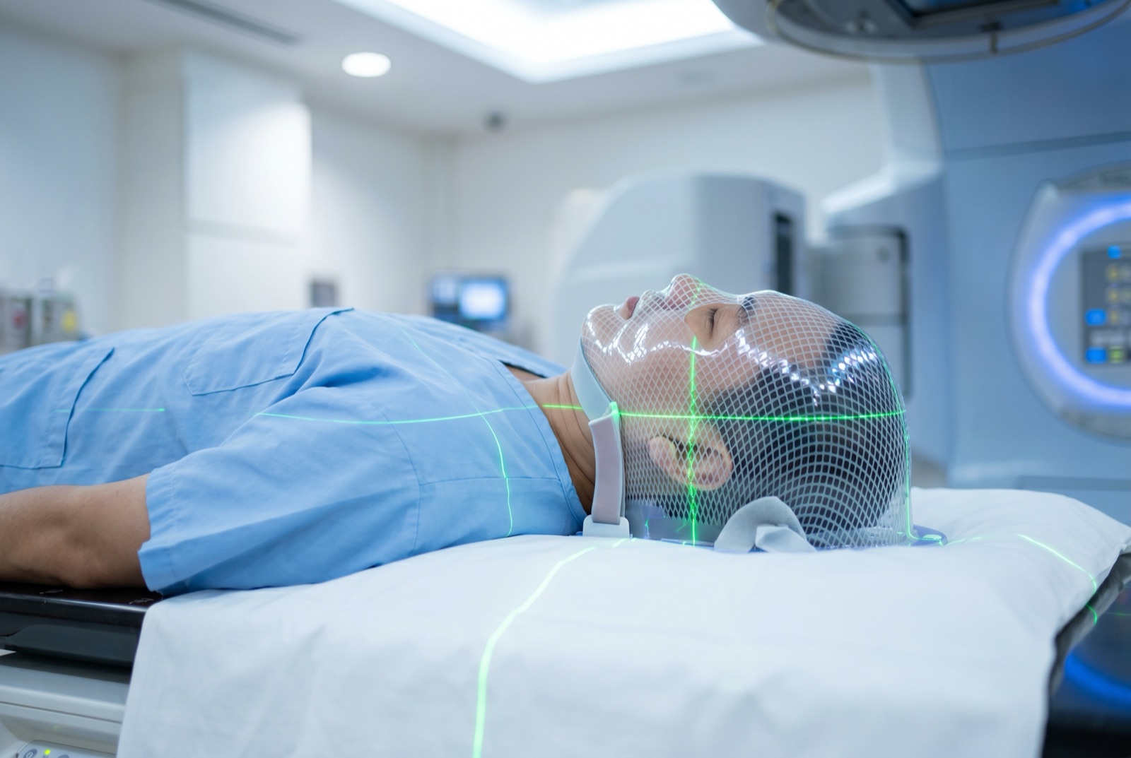 Patient immobilisation mask and laser alignment guides used to precisely position a patient for proton beam therapy